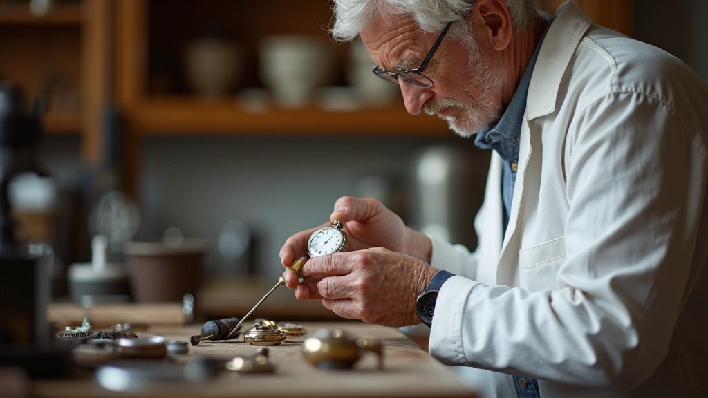 Urmakare utför noggrann rengöring och restaurering av ett antikvt fickur