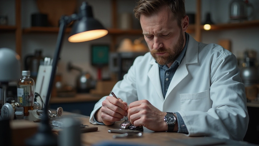 Professionell urmakare som utför noggrann inspektionen av ett lux-kronometer med precisionsverktyg